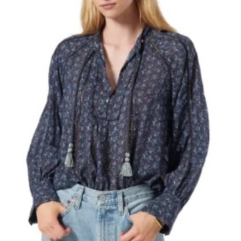 Joie Cotton Blouse Womens Small Blue Long Sleeve Lightweight Dracha Top Tassels